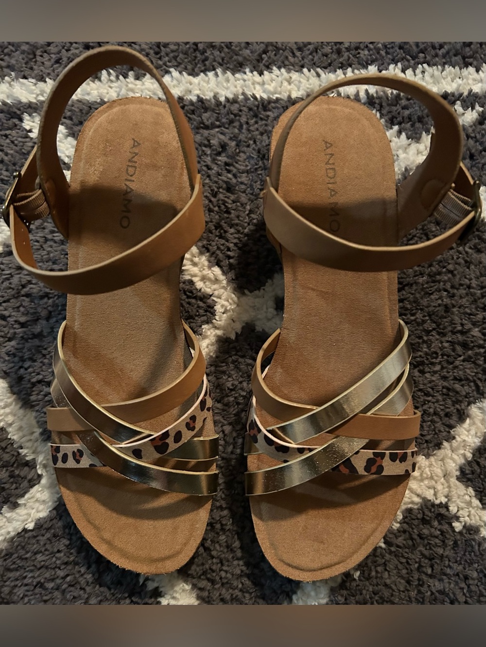 🤎 Gorgeous 🤎 Andiamo Tan & Gold Leopard Strap Sandals Size 9 1/2 🤎